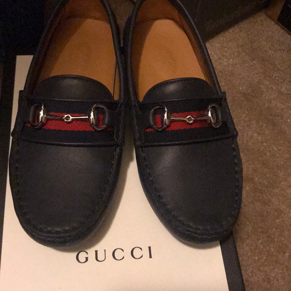 One worn!! Blue leather Gucci shoes.